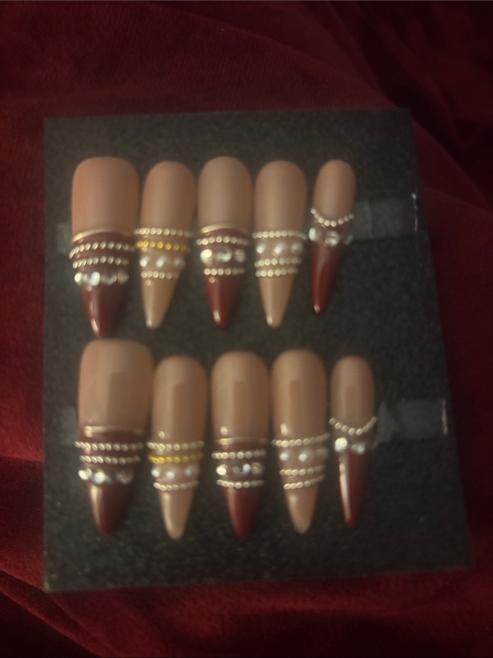 Neutral Nude and Burgundy Rhinestone Press-On Nails - Women Makeup